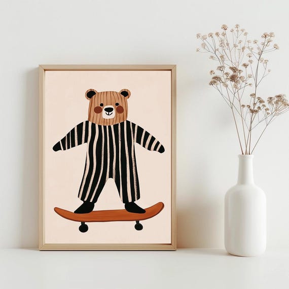 Skateboarding Bear Nursery Wall Art Playful Childrens Decor Whimsical Animal Kids Room Print Sg416