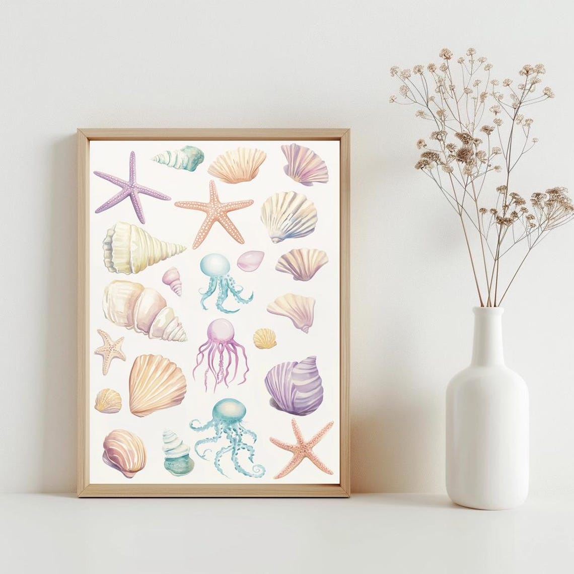 Pastel Seashells Starfish Jellyfish Watercolor Coastal Beach Poster