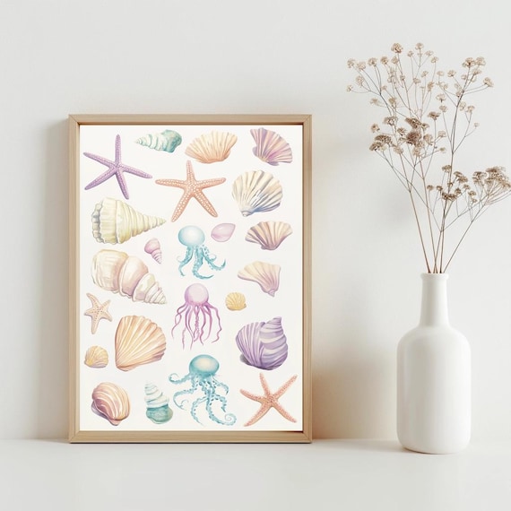Pastel Seashells Starfish Jellyfish Watercolor Coastal Beach Poster