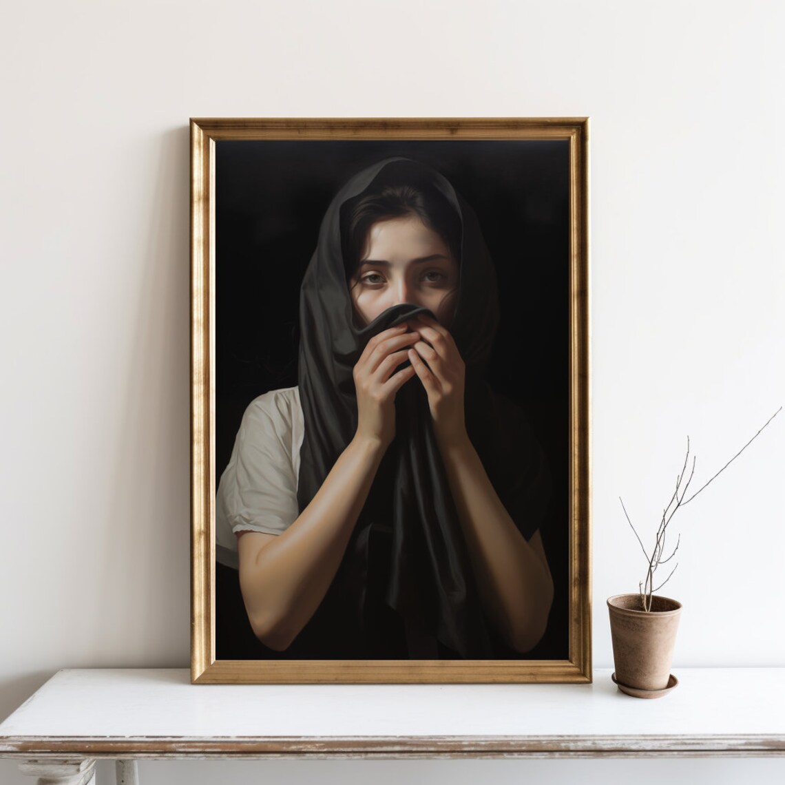 Veiled Woman Classical Portrait Moody Bathroom Humor Art Poster