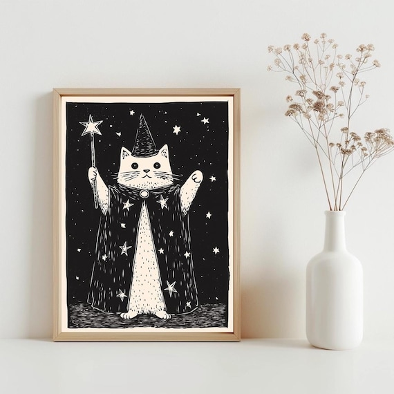 Cute White Cat Halloween Witchy Print Wall Art Vintage Black Prints Wiccan Pagan Sg245