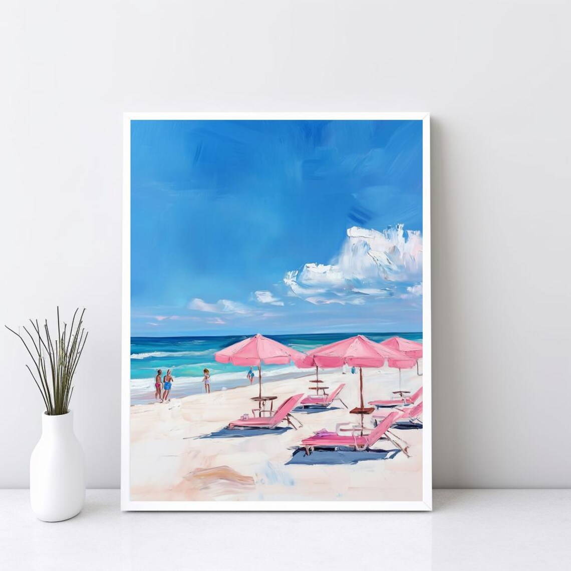 Retro Beach Pink Umbrellas Vintage Coastal Preppy Room Art Poster