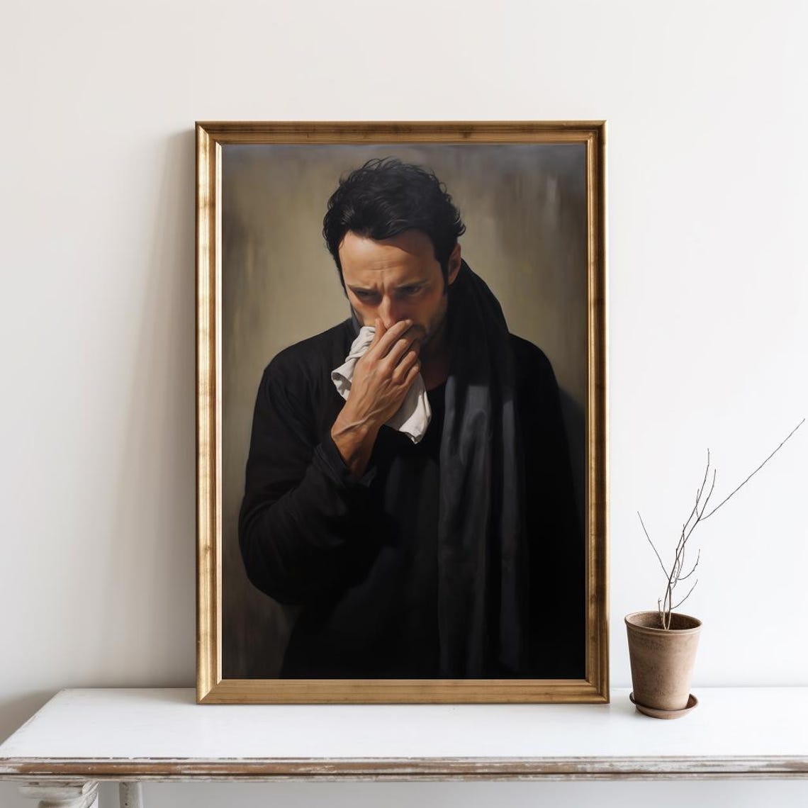 Classical Oil Portrait Man Holding Handkerchief Humor Art Poster