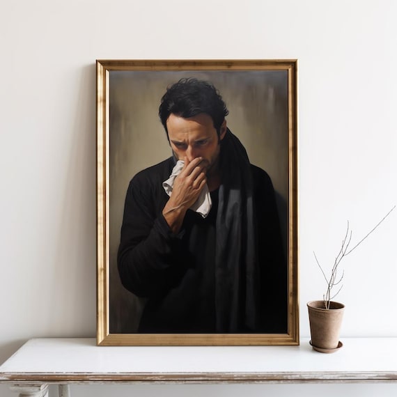 Classical Oil Portrait Man Holding Handkerchief Humor Art Poster