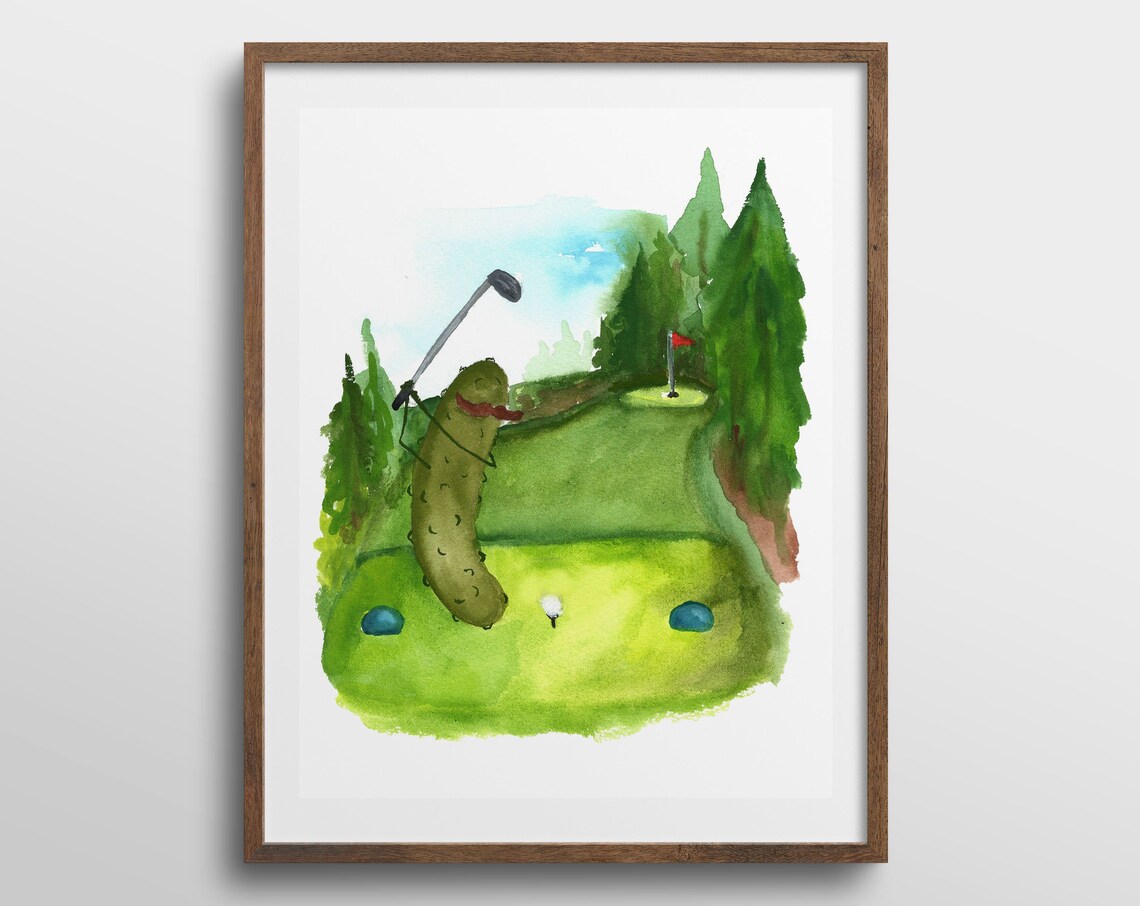 Whimsical Pickle With Mustache Playing Golf, Watercolor Art Print