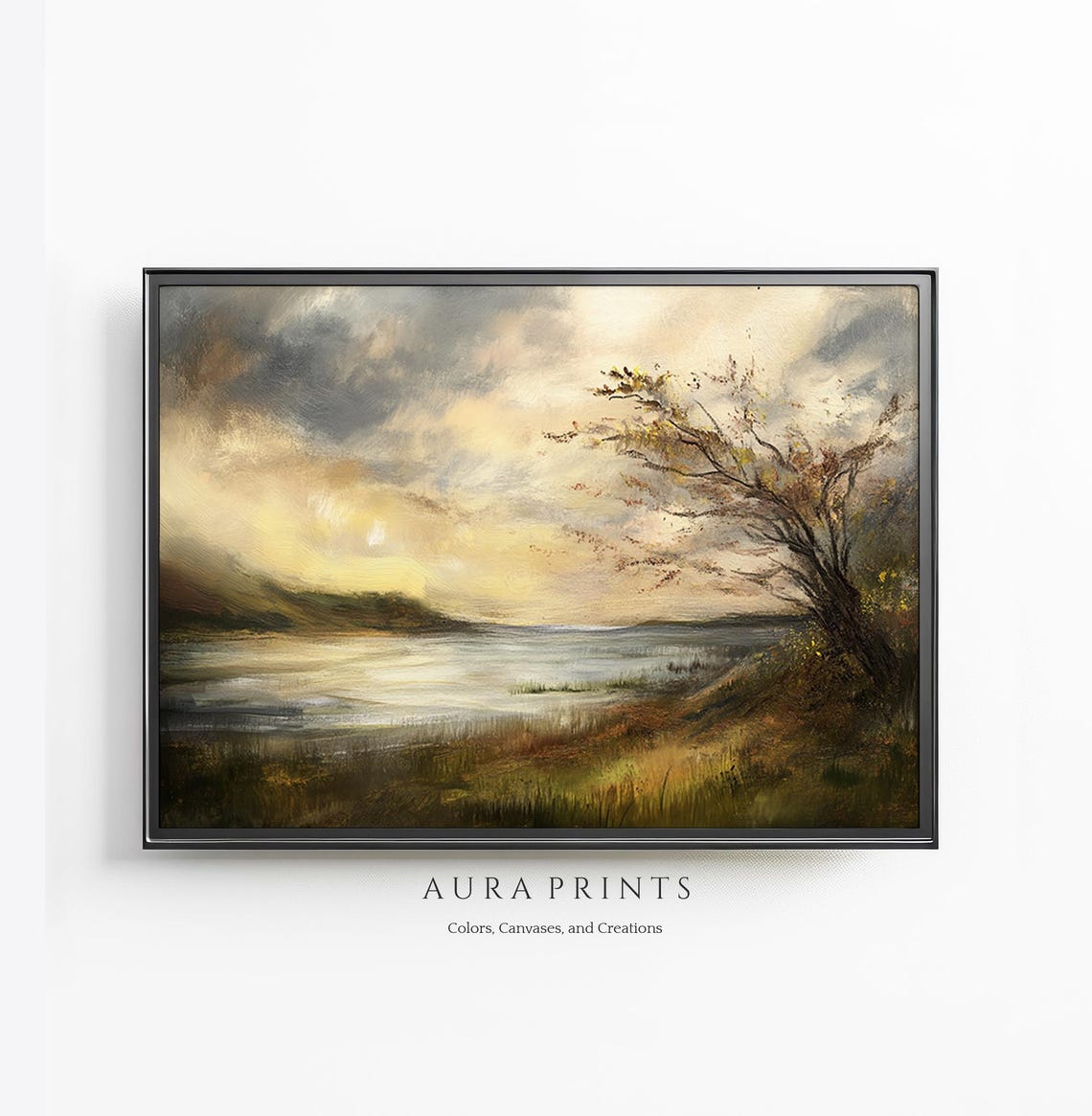 Golden Sunset Lake with Leaning Tree Rustic Oil Landscape Poster