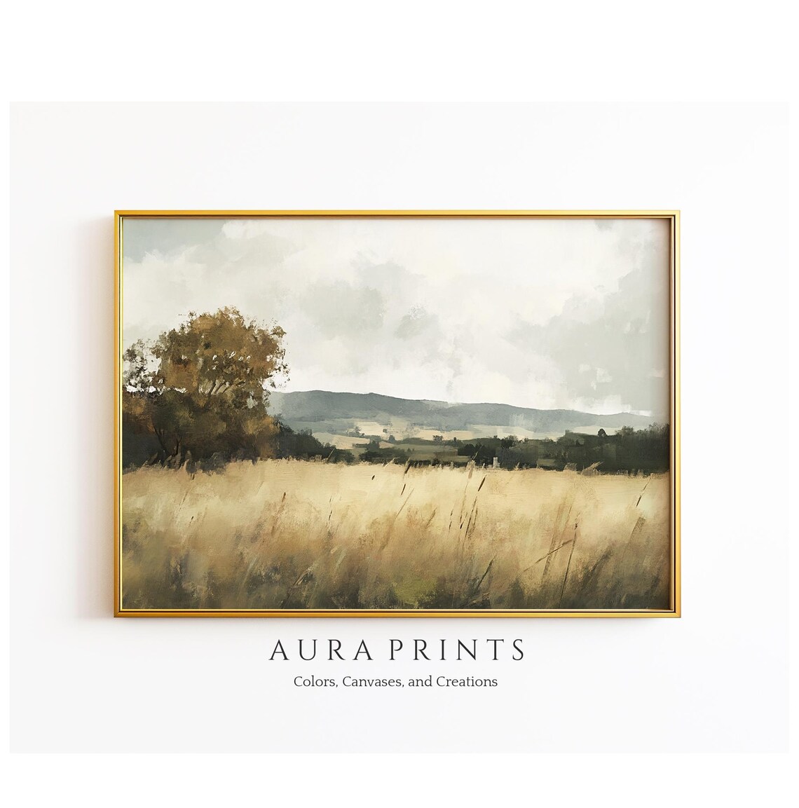 Golden Wheat Field Lone Tree Harvest Vintage Oil Painting Poster