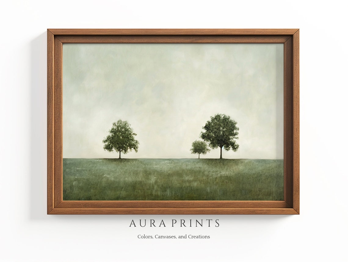 Three Trees on Green Meadow Minimalist Vintage Landscape Poster