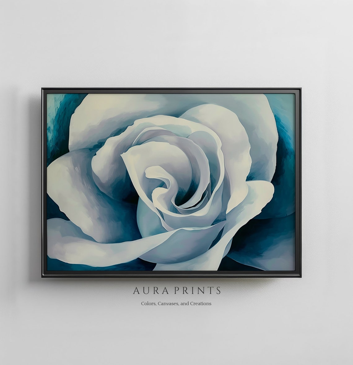 Elegant White Rose Close Up Teal Blue Background Floral Poster