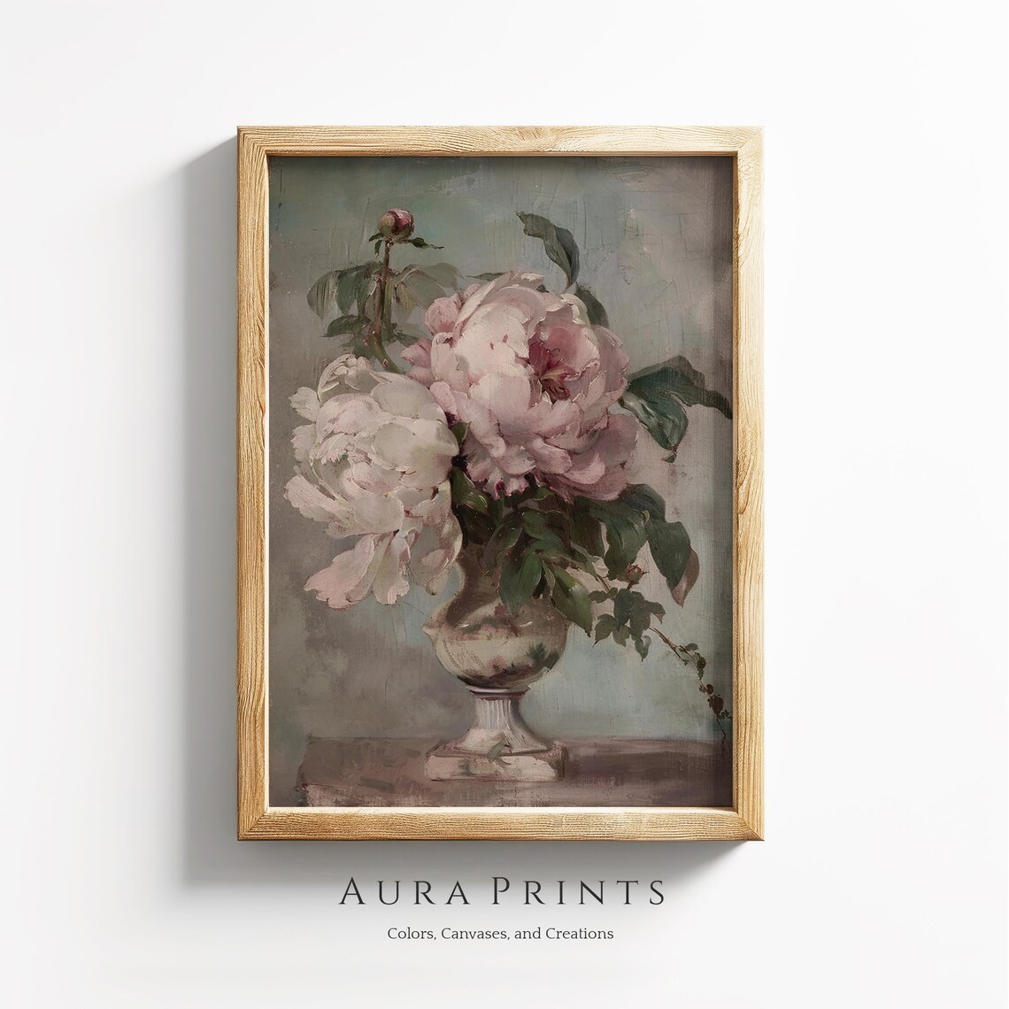 Pink Peonies in Urn Vase Antique Soft Floral Oil Painting Poster