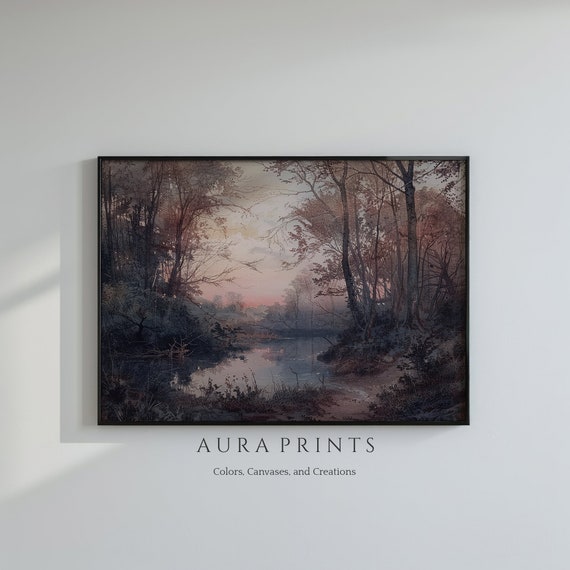 Reflective Twilight Serenade Sunset Watercolor Serene Nature Muted Forest Wall Art Peaceful Scenery 00030
