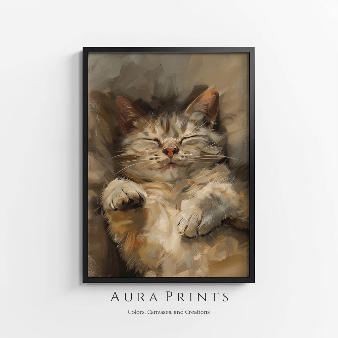 Sleeping Tabby Kitten Oil Painting Cozy Cat Nursery Art Poster
