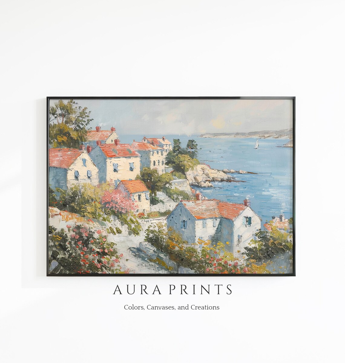Mediterranean Coastal Village Spring Oil Painting Seaside Poster