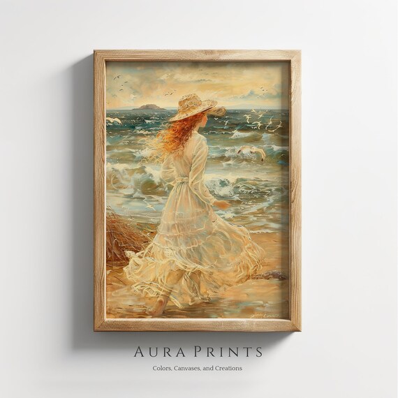 Seaside Reverie Victorian Lady Shore Seagulls Romantic Art Poster
