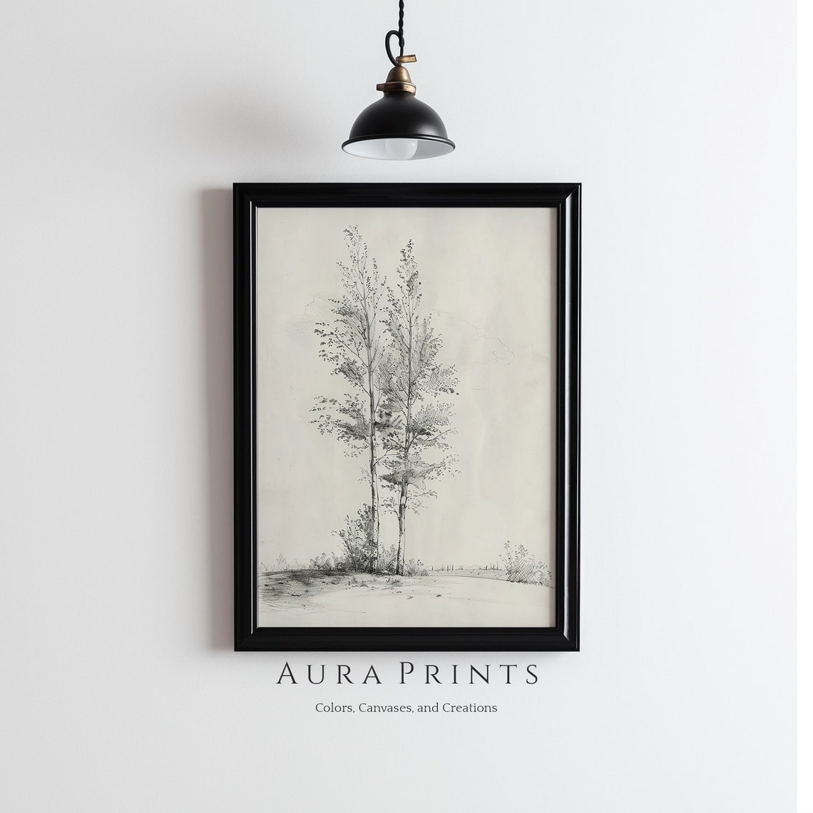 Autumn Trees Sketch Neutral Drawing Vintage Wall Art Rustic Cottage Gift 0988