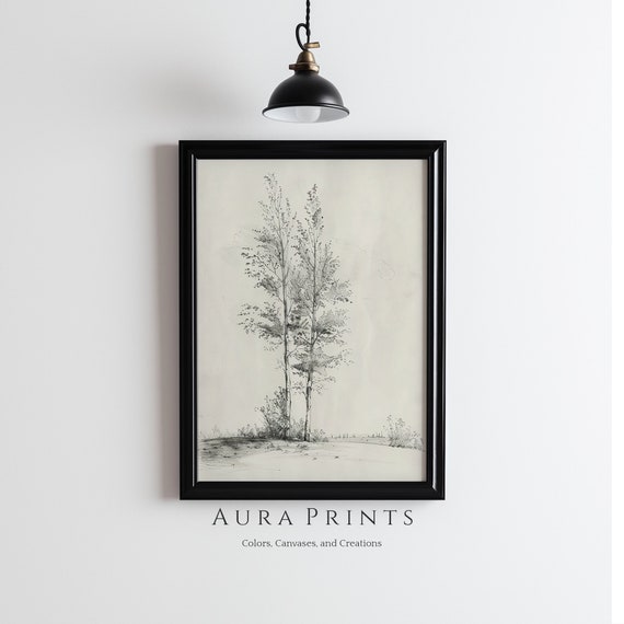 Autumn Trees Sketch Neutral Drawing Vintage Wall Art Rustic Cottage Gift 0988