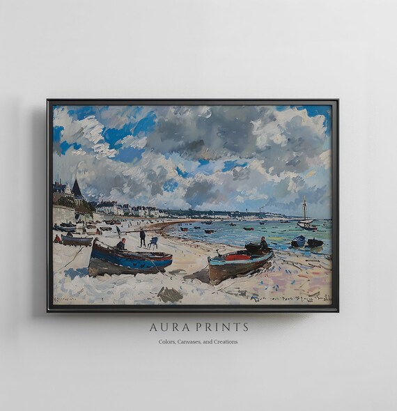 Impressionist Beach Beached Boats Dramatic Cloudy Sky Painting Poster