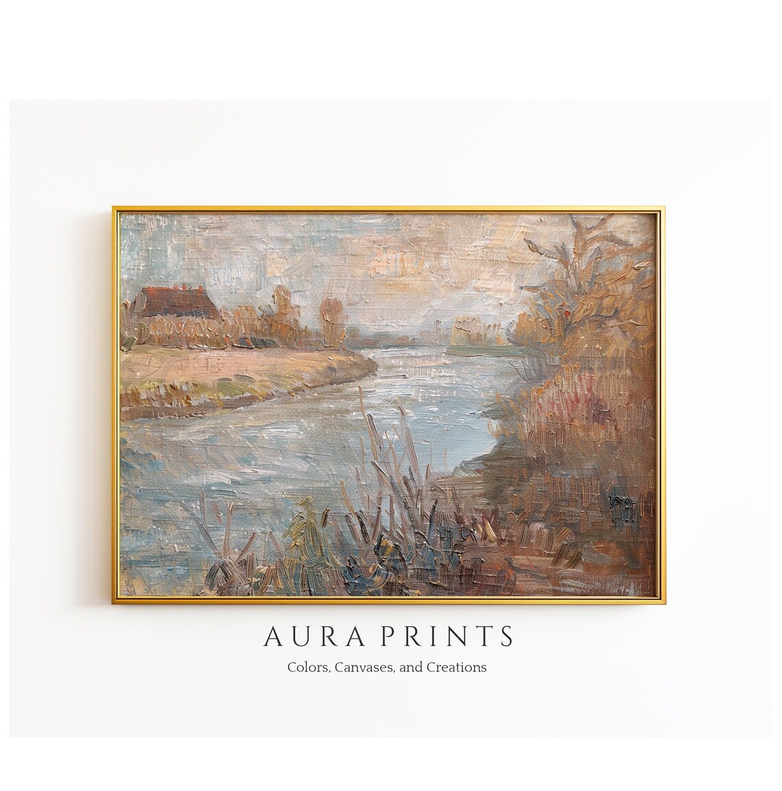 Muted Autumn River Landscape Distant Cottage Impressionist Oil Painting Poster