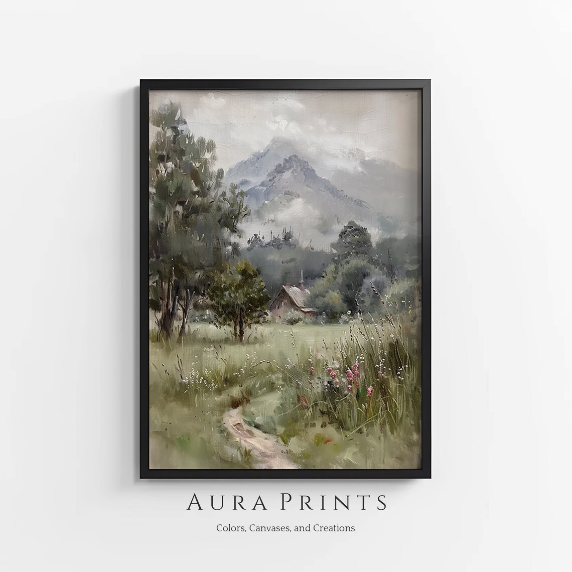 Quiet Misty Mountain Cabin Meadow Sage Green Landscape Poster