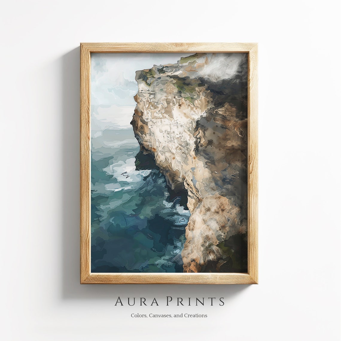 Rocky Sea Cliff at Dawn Waves Moody Abstract Coastal Art Poster