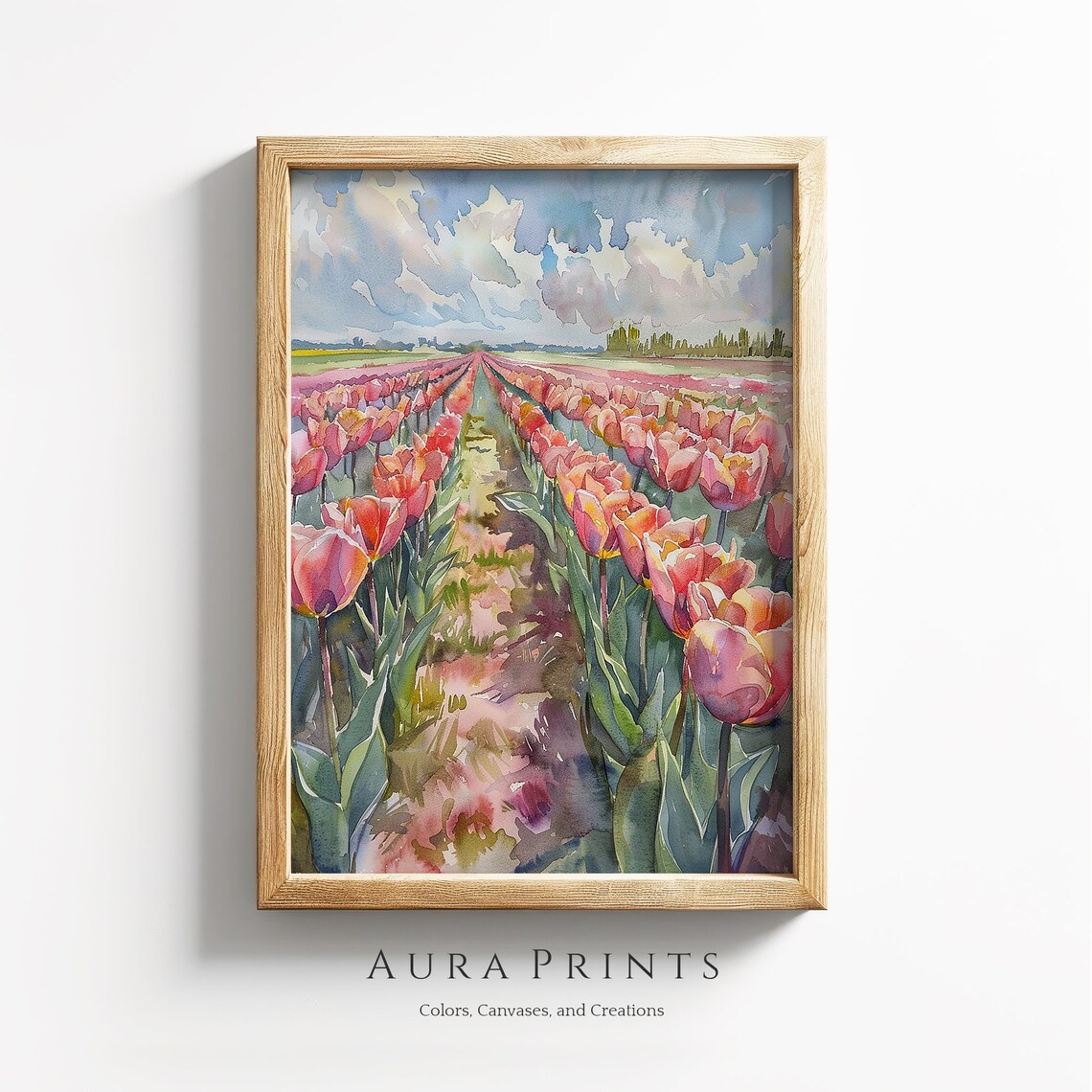 Pink Tulip Field Watercolor Painting Rows of Blooming Tulips Poster