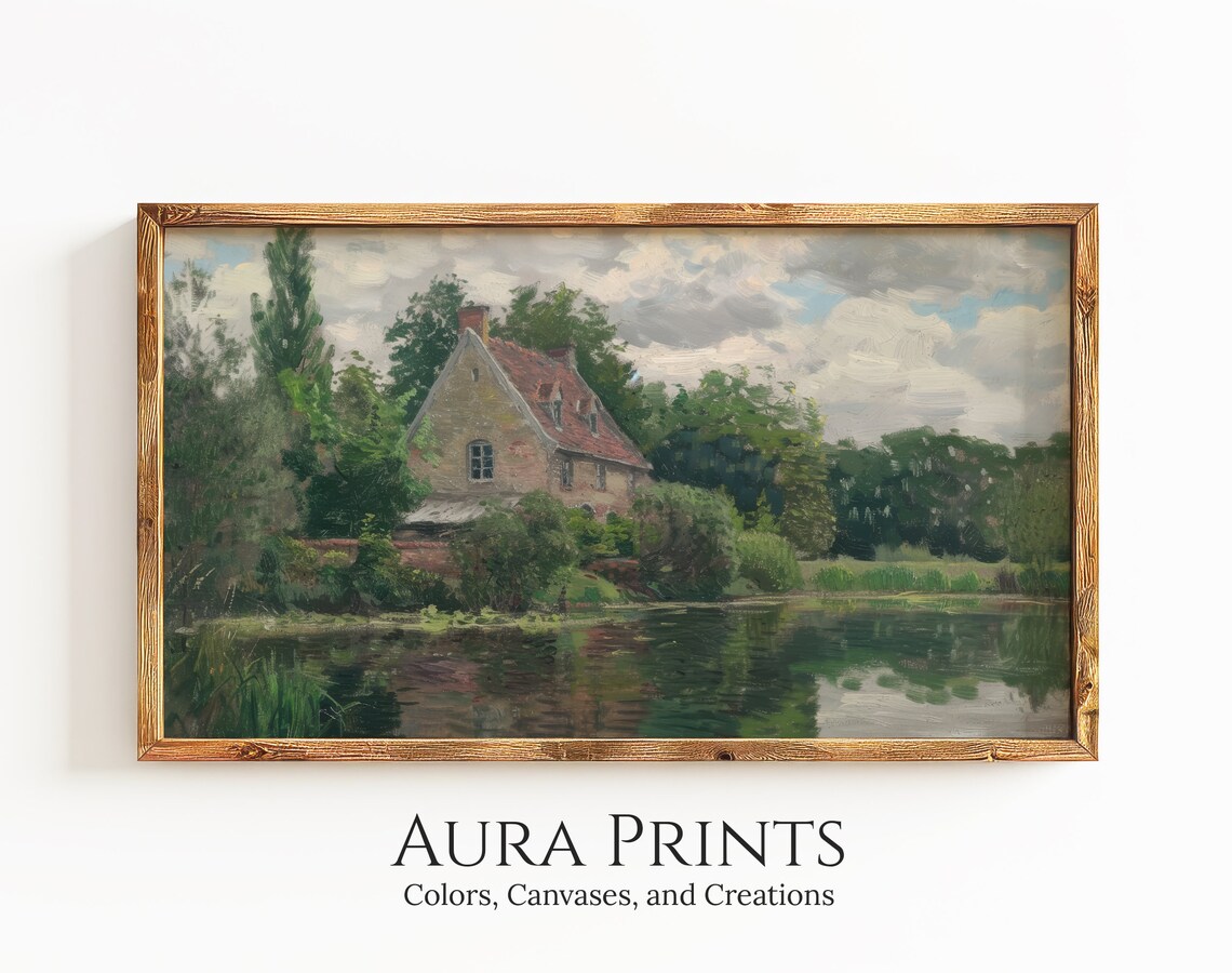 Cottage By The Lake Impressionist Oil Painting Rustic Poster