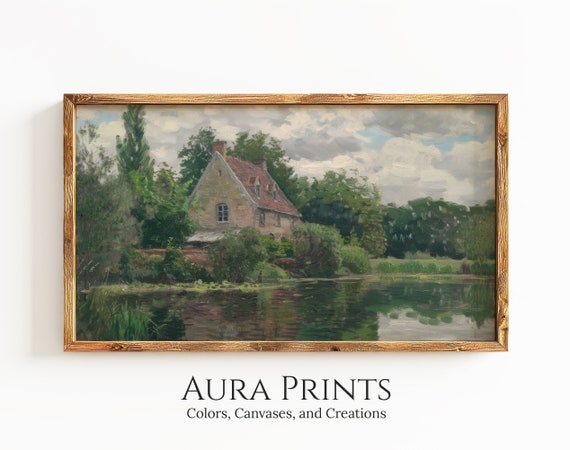 Frame Tv Art Cottage By The Lake Landscape Premium Soft Tone Farmhouse Scenery 1049