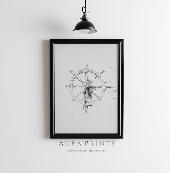 Ship Wheel Nautical Pencil Sketch Vintage Maritime Art Poster