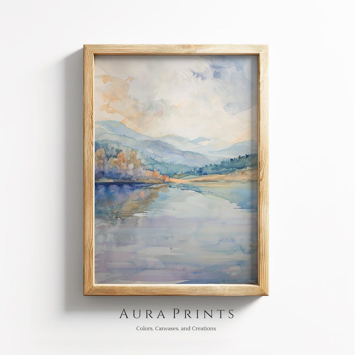 Misty Scottish Loch and Mountain Peaks Watercolor Landscape Poster