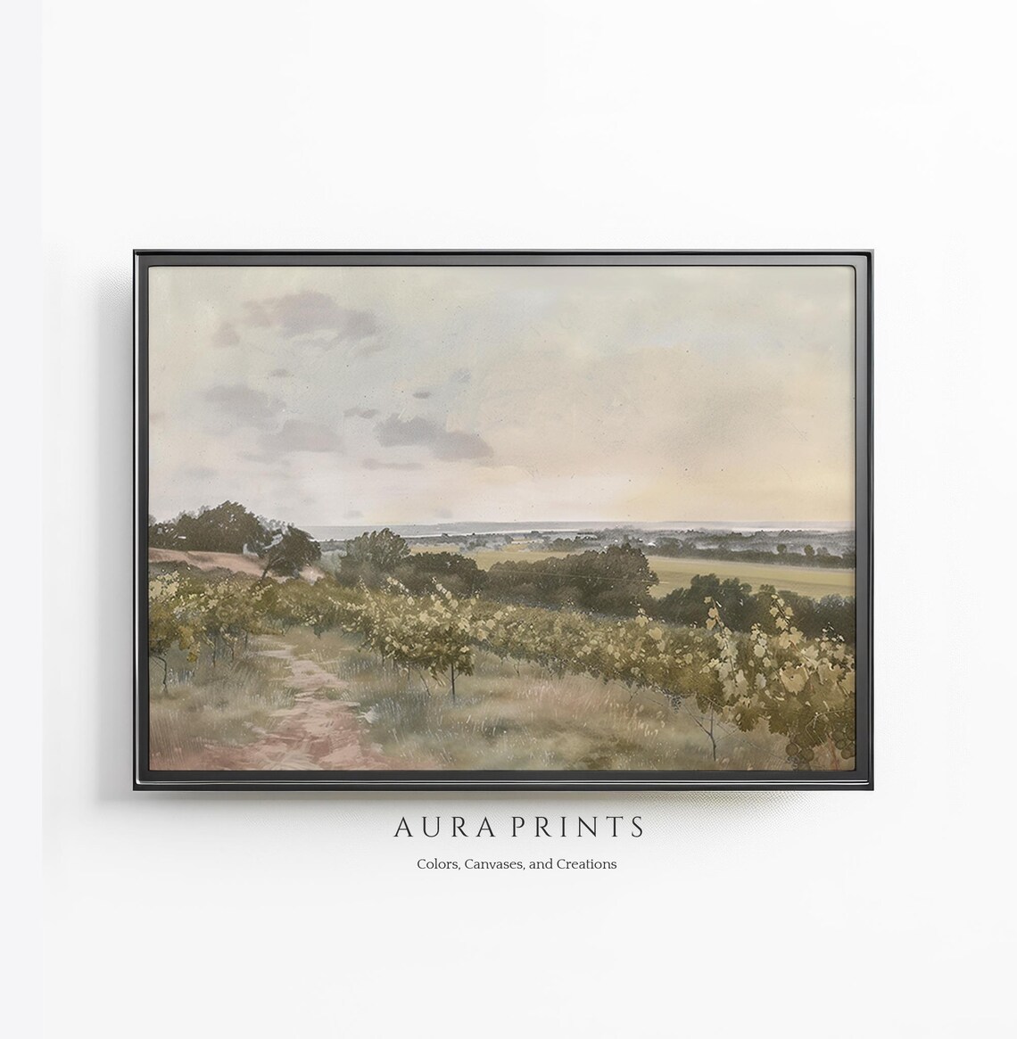 Muted Vineyard Path Countryside Landscape Oil Painting Wall Art