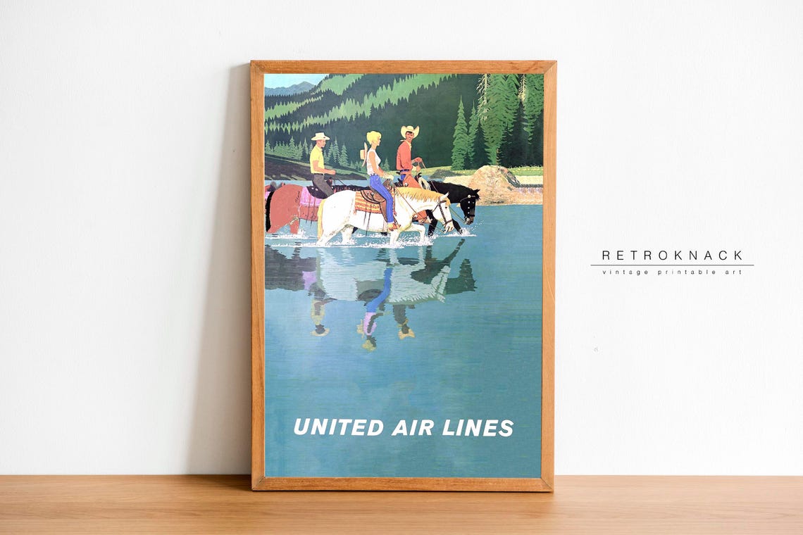 Vintage United Air Lines Travel Poster Horseback Riders Mountain Lake - Image 2