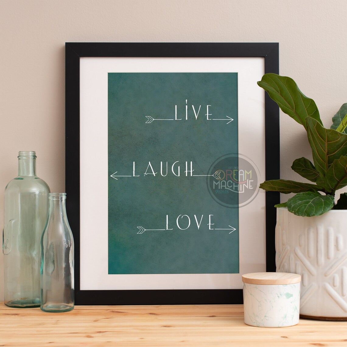 Live Laugh Love Arrow Typography on Teal Textured Wall Poster