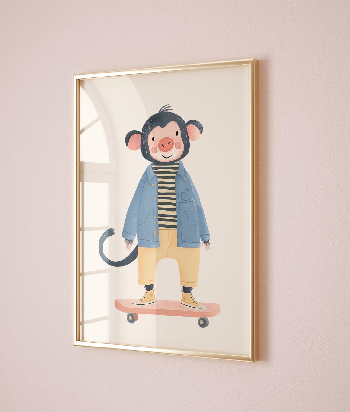 Cool Skateboarding Monkey Nursery Animal Watercolor Art Poster
