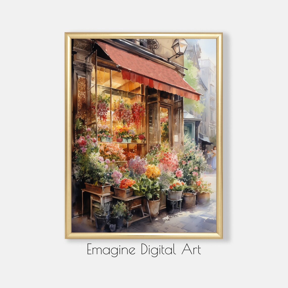Paris Flower Shop Storefront Watercolor Painting Charming Street Scene Poster