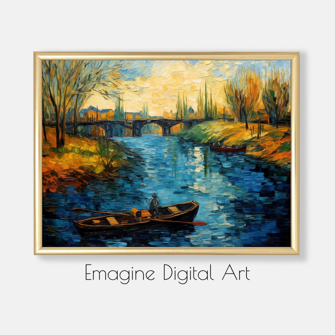 Fishing Boats on River Impressionist Style Vintage Evening Poster