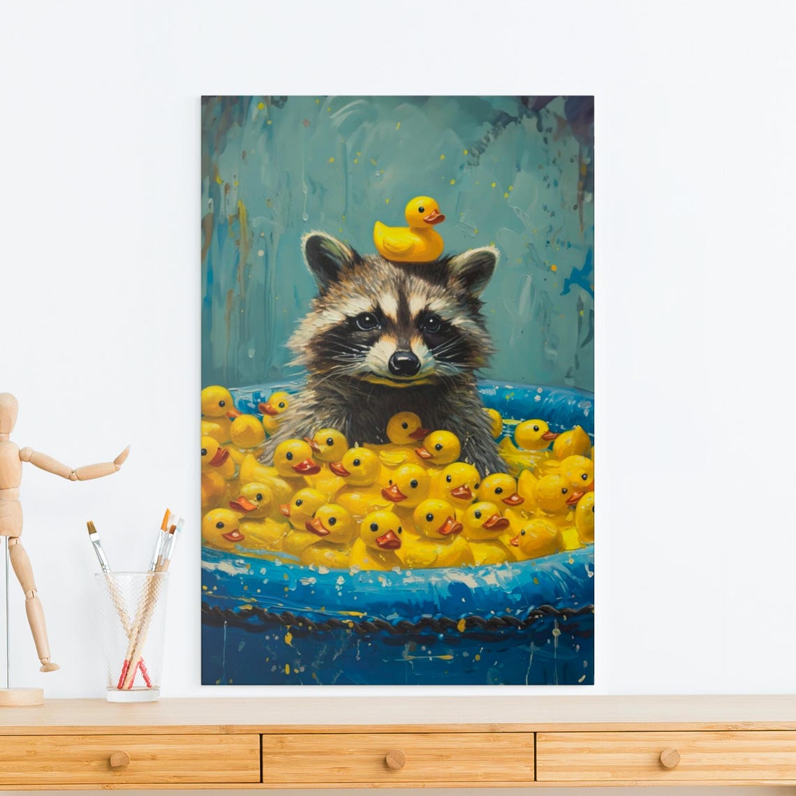 Raccoon in a Blue Kiddie Pool with a Rubber Duck on Its Head Poster