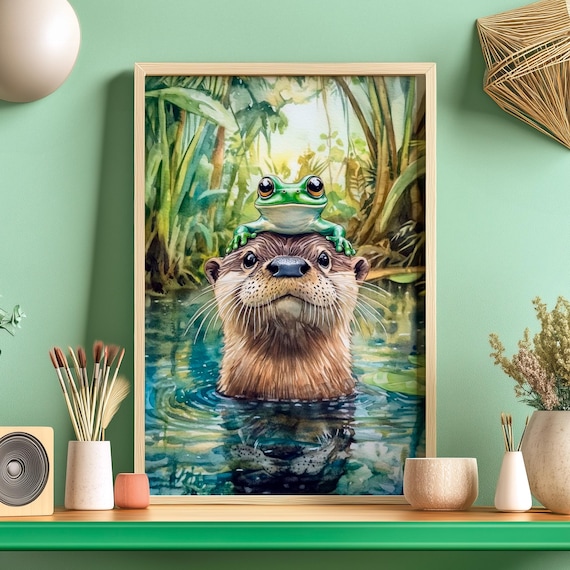 Joyful Otter and Frog Funny Lake Life Art Print