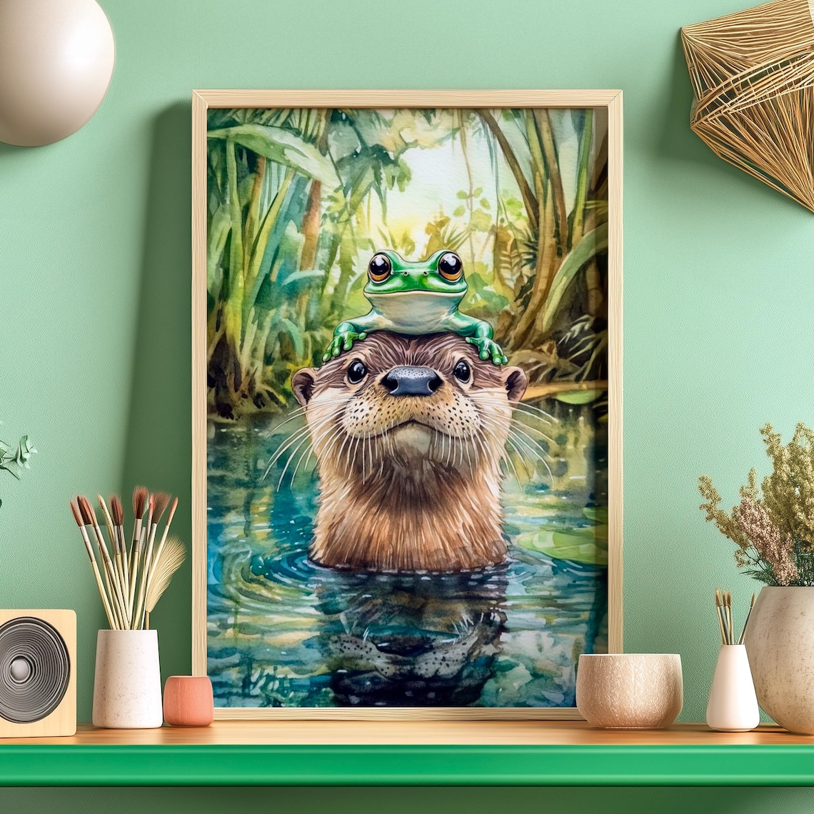 Joyful Otter and Frog Funny Lake Life Art Print
