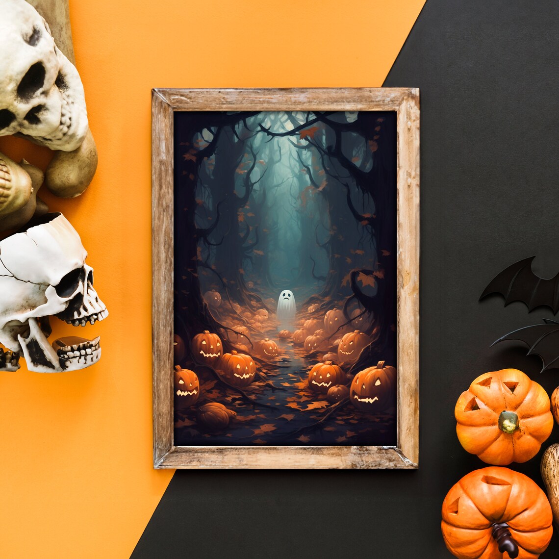 Halloween Misty Forest Ghost Jack O Lantern Pumpkin Path Vintage Poster