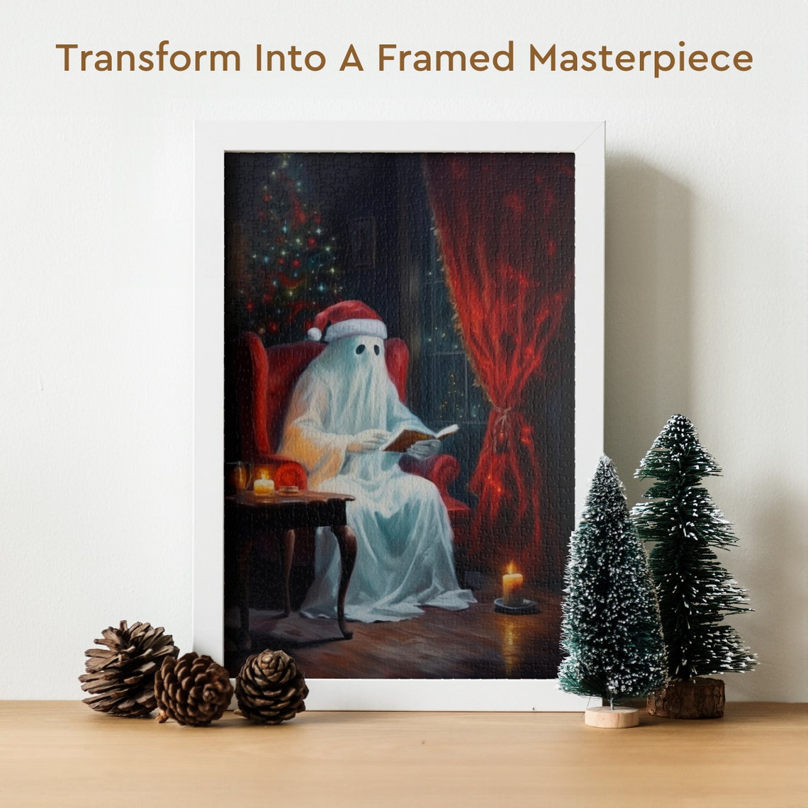 Christmas Ghost Santa Hat Reading by Tree Jigsaw Puzzle Holiday Poster - Image 2