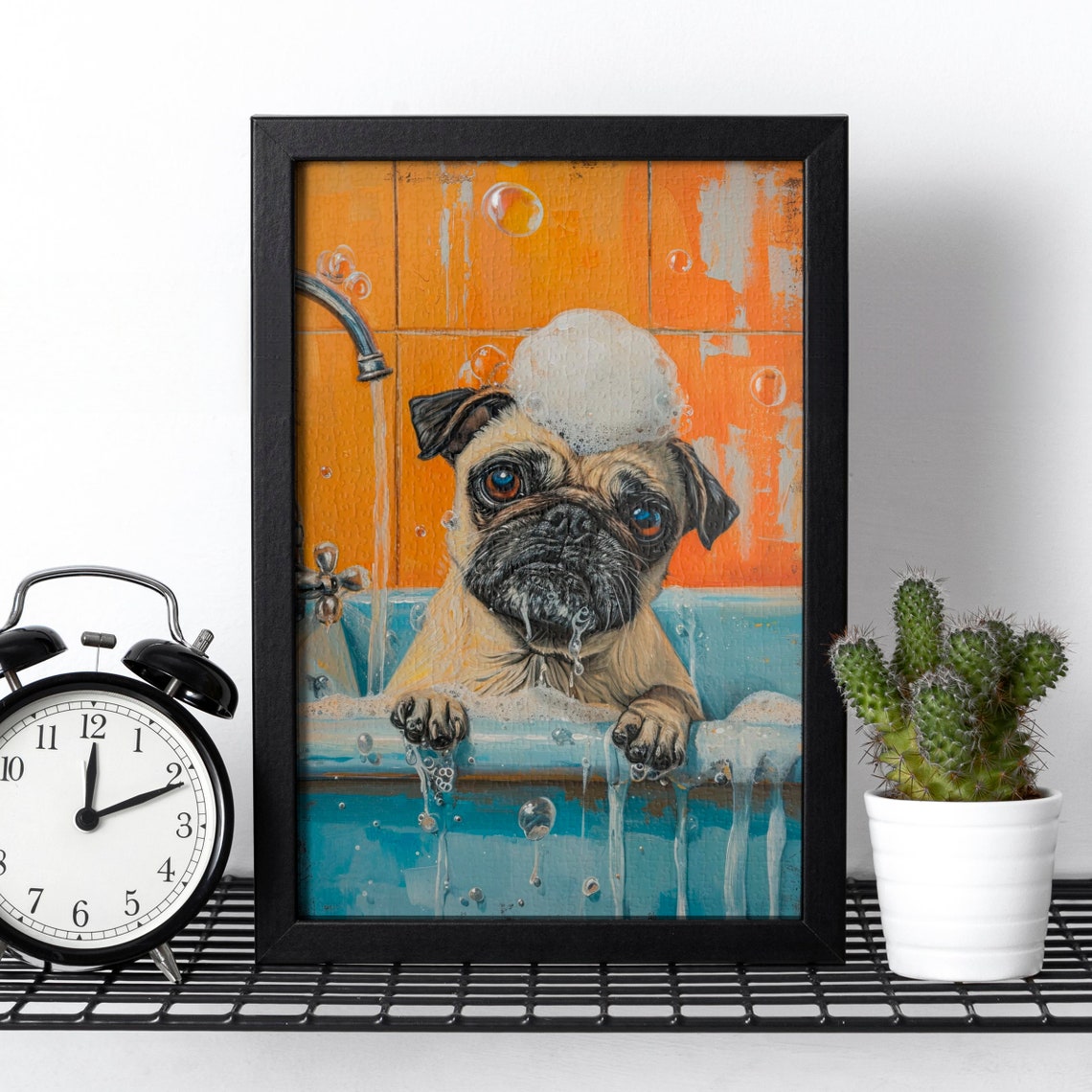 Funny Pug Dog Enjoying a Bubble Bath with Soap Suds Painting Poster