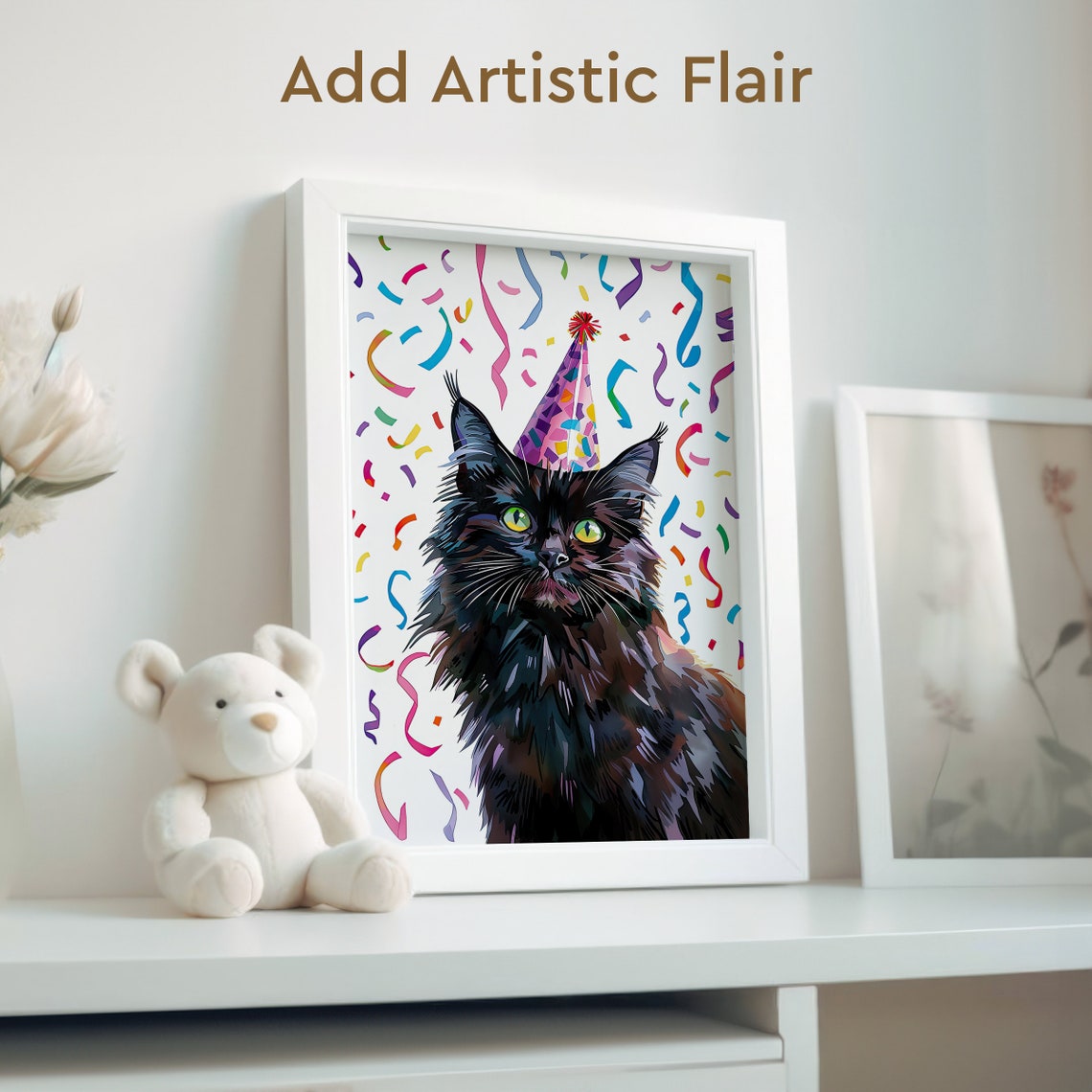 Fluffy Black Cat Wearing a Birthday Party Hat with Confetti Poster - Image 2