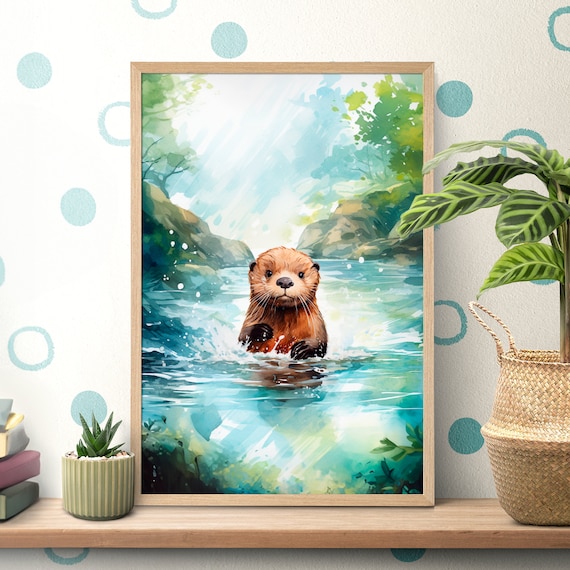 Cute River Otter Splashing in a Sparkling Forest Stream Poster