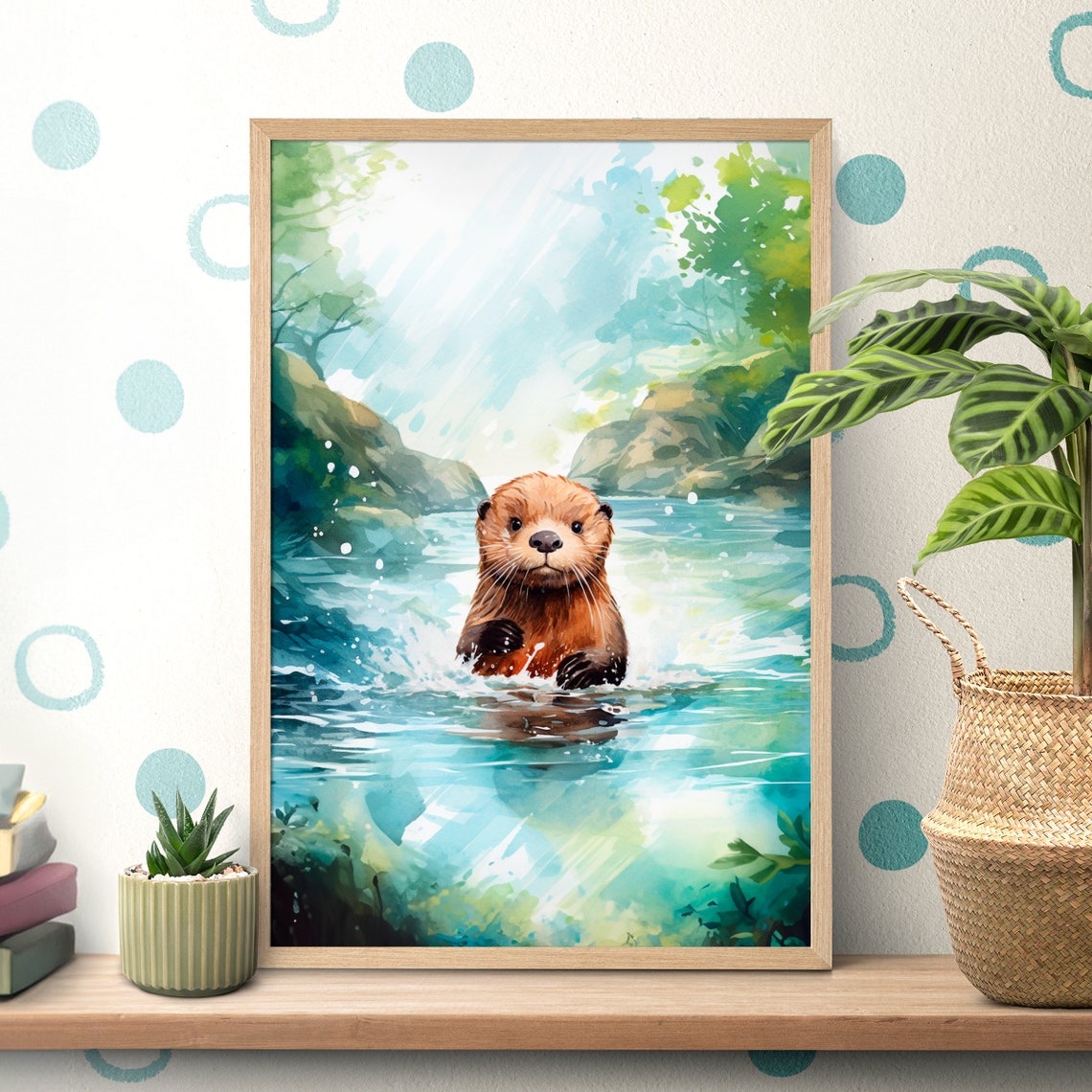Cute River Otter Splashing in a Sparkling Forest Stream Poster