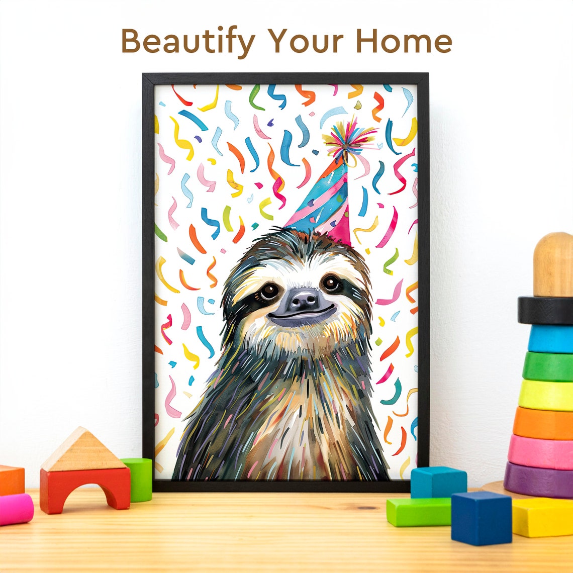 Colorful Party Hat Sloth Watercolor Birthday Celebration Poster - Image 3