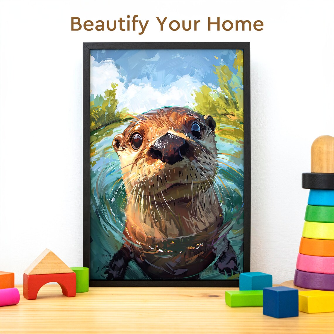 Curious Sea Otter Swimming Close Up Painterly Portrait Poster - Image 4