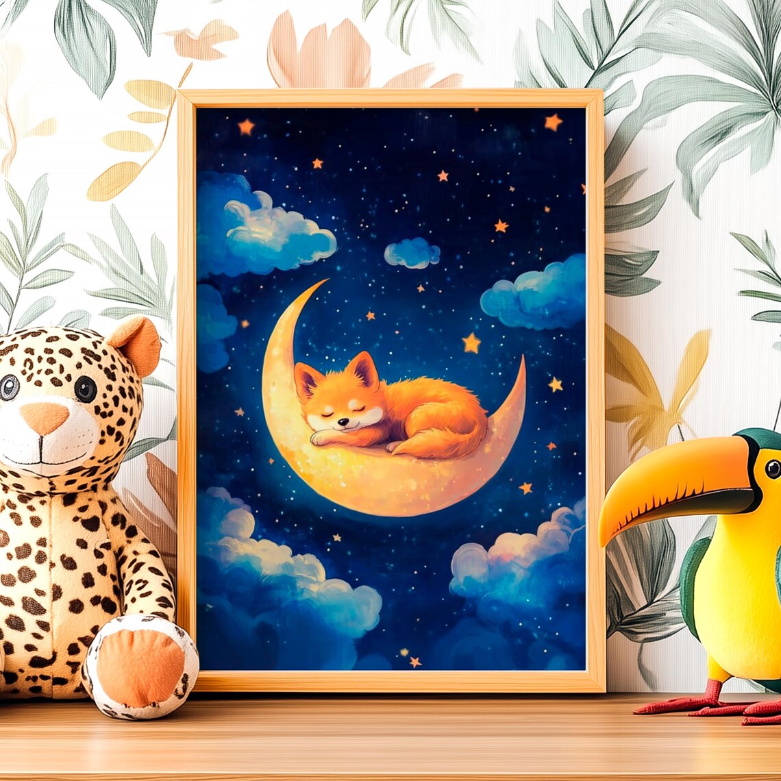 Cute Shiba Inu Puppy Sleeping on a Golden Crescent Moon Poster