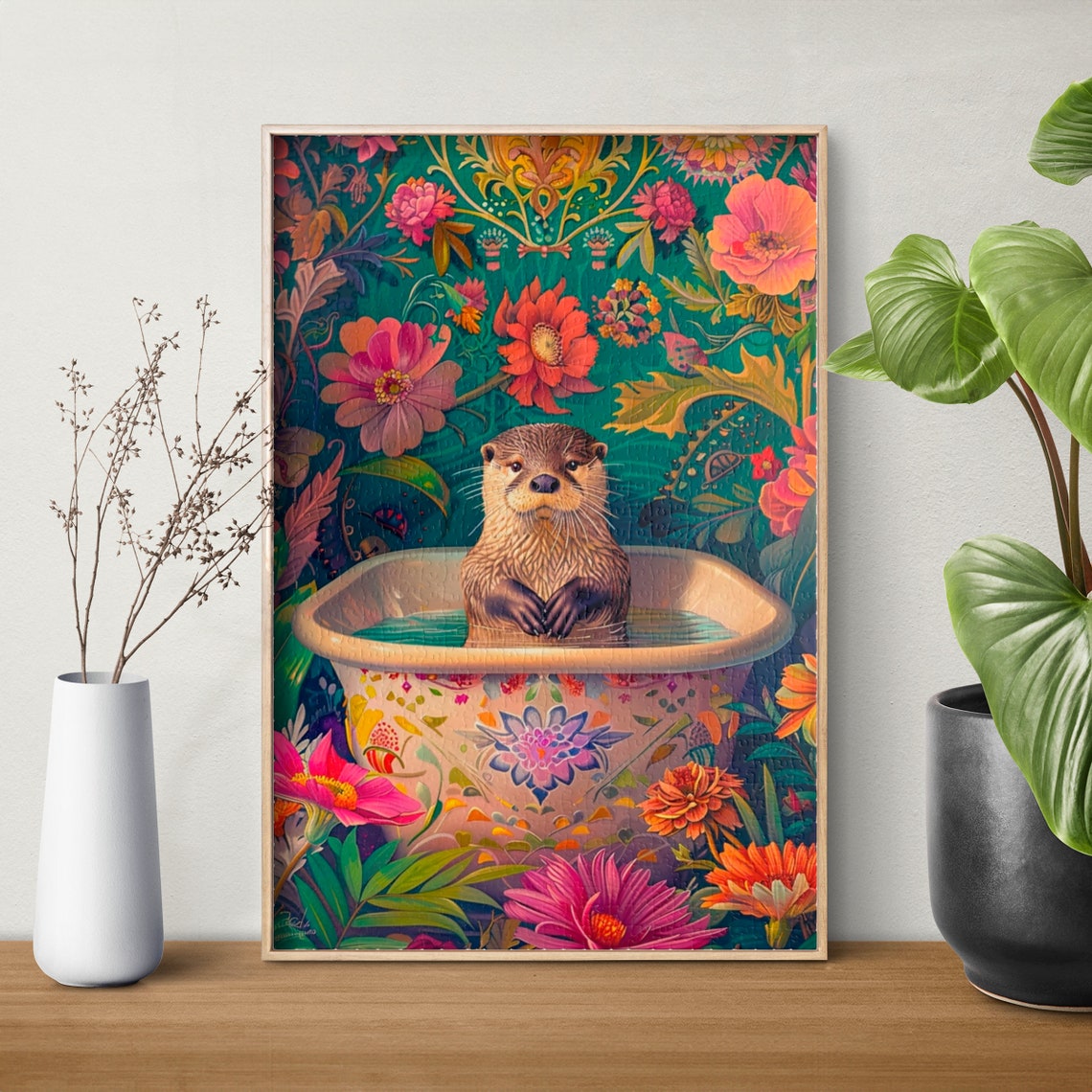 Happy Otter Bathing in Decorated Tub Surrounded by Flowers Poster