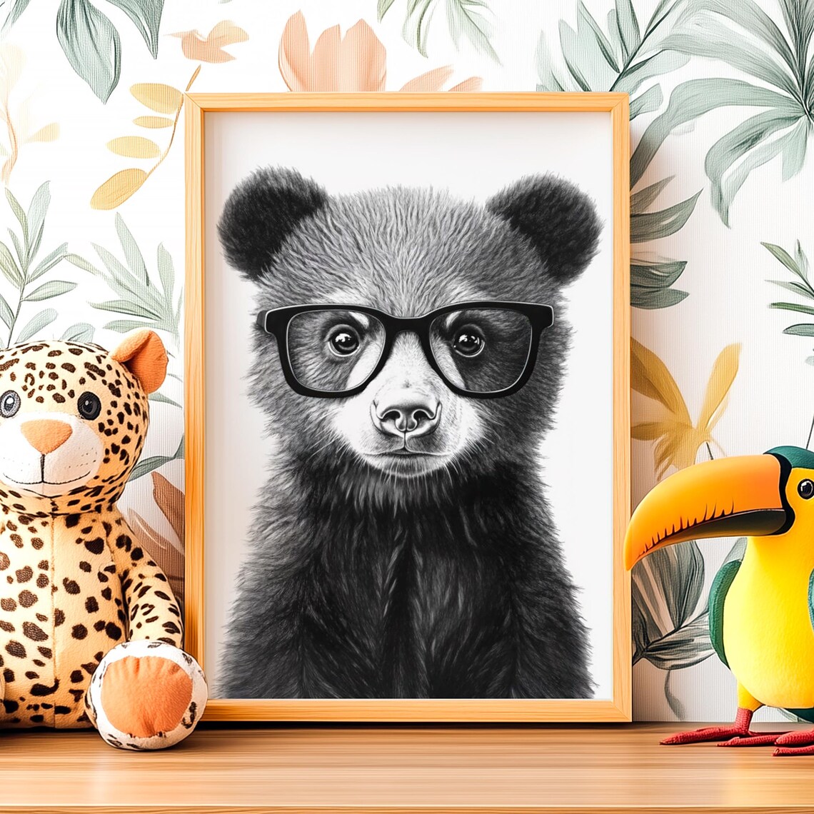 Bear with Nerdy Glasses, Black and White Poster