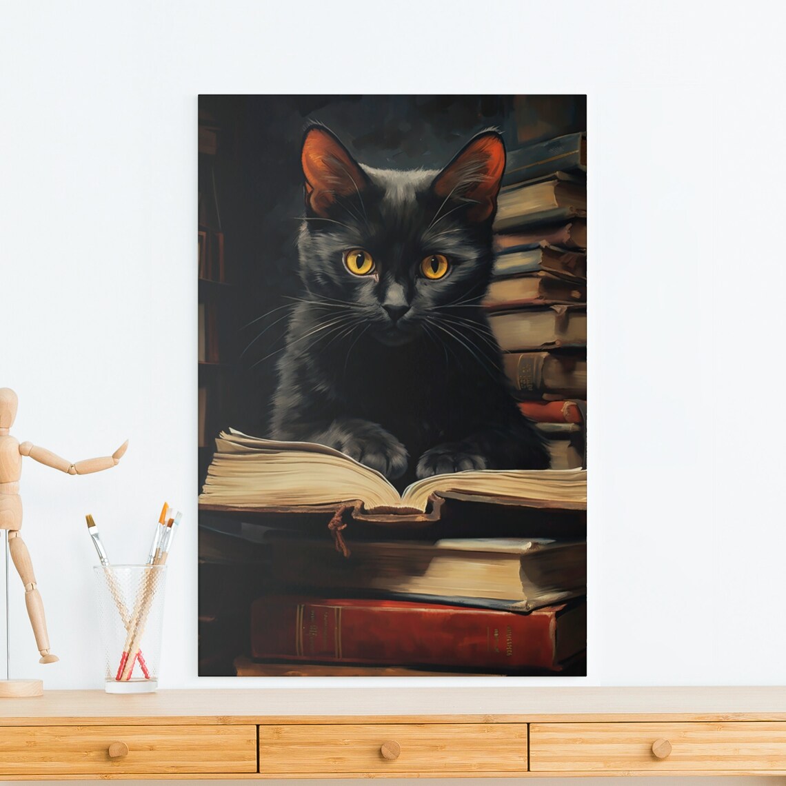 Black Cat with Golden Eyes Sitting on Stack of Vintage Books Poster